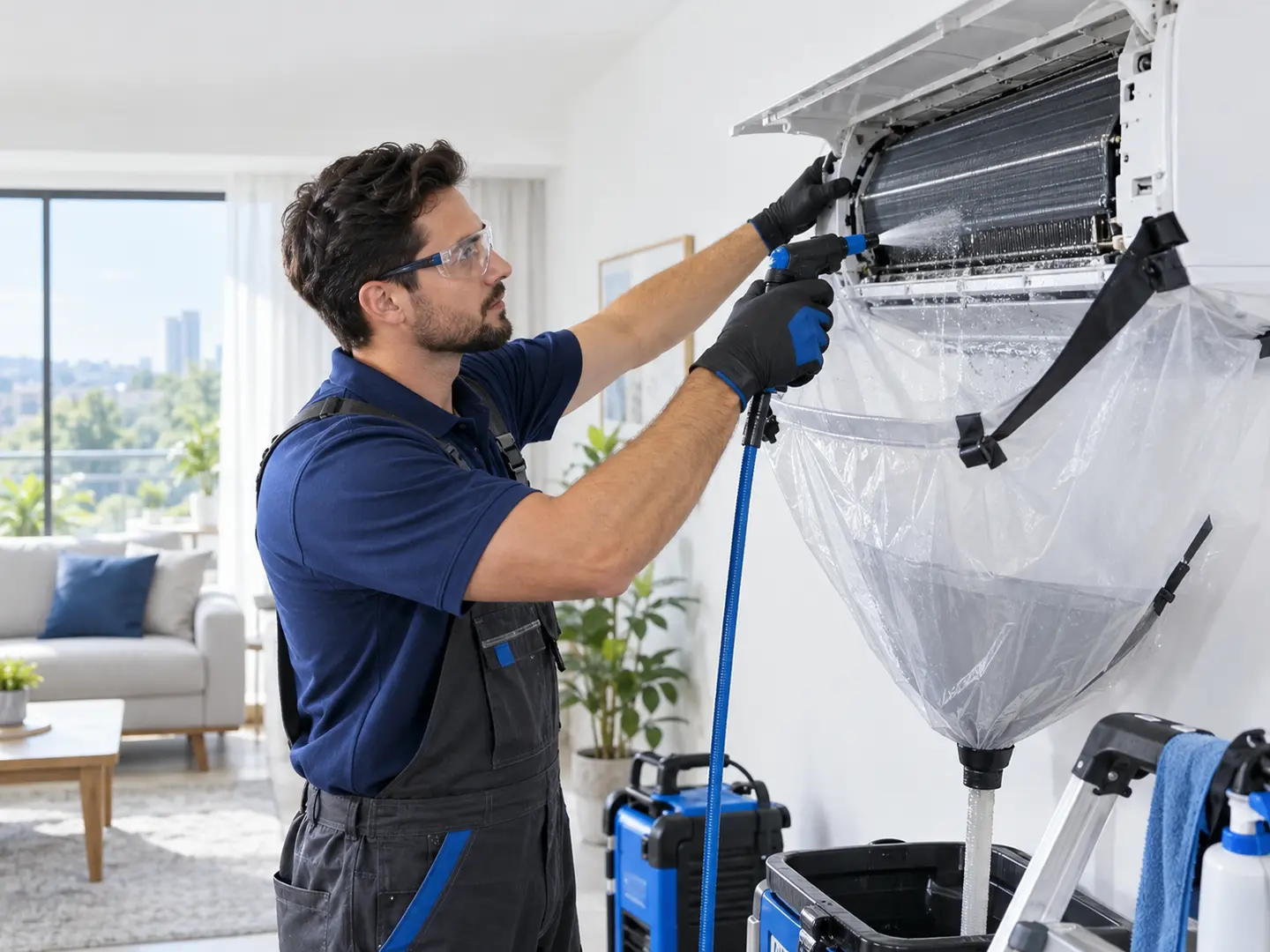 Técnico realizando limpeza de ar-condicionado